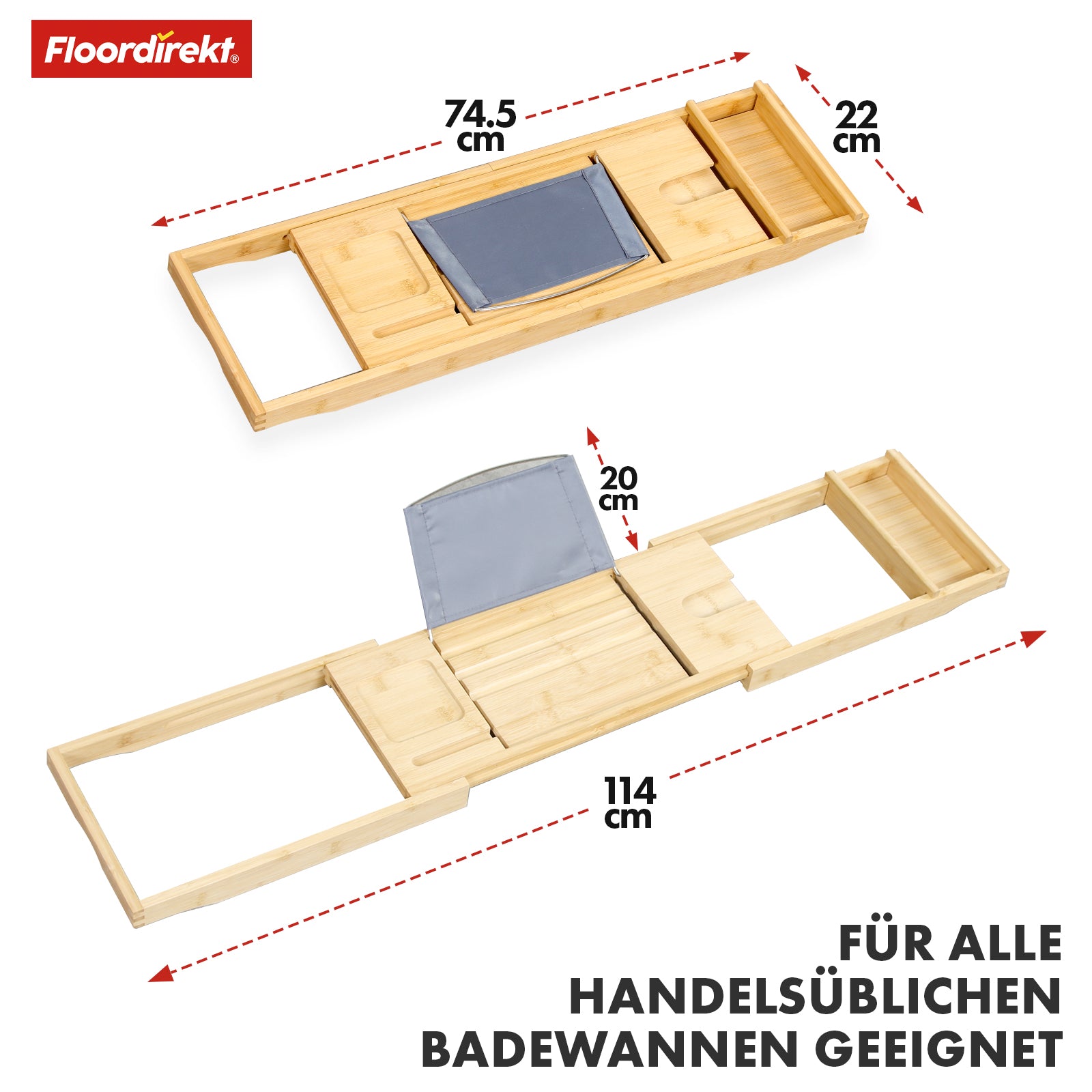 Bambus Badewannenablage | Oklahoma | Ausziehbares Badewannentablett mit Buchablage