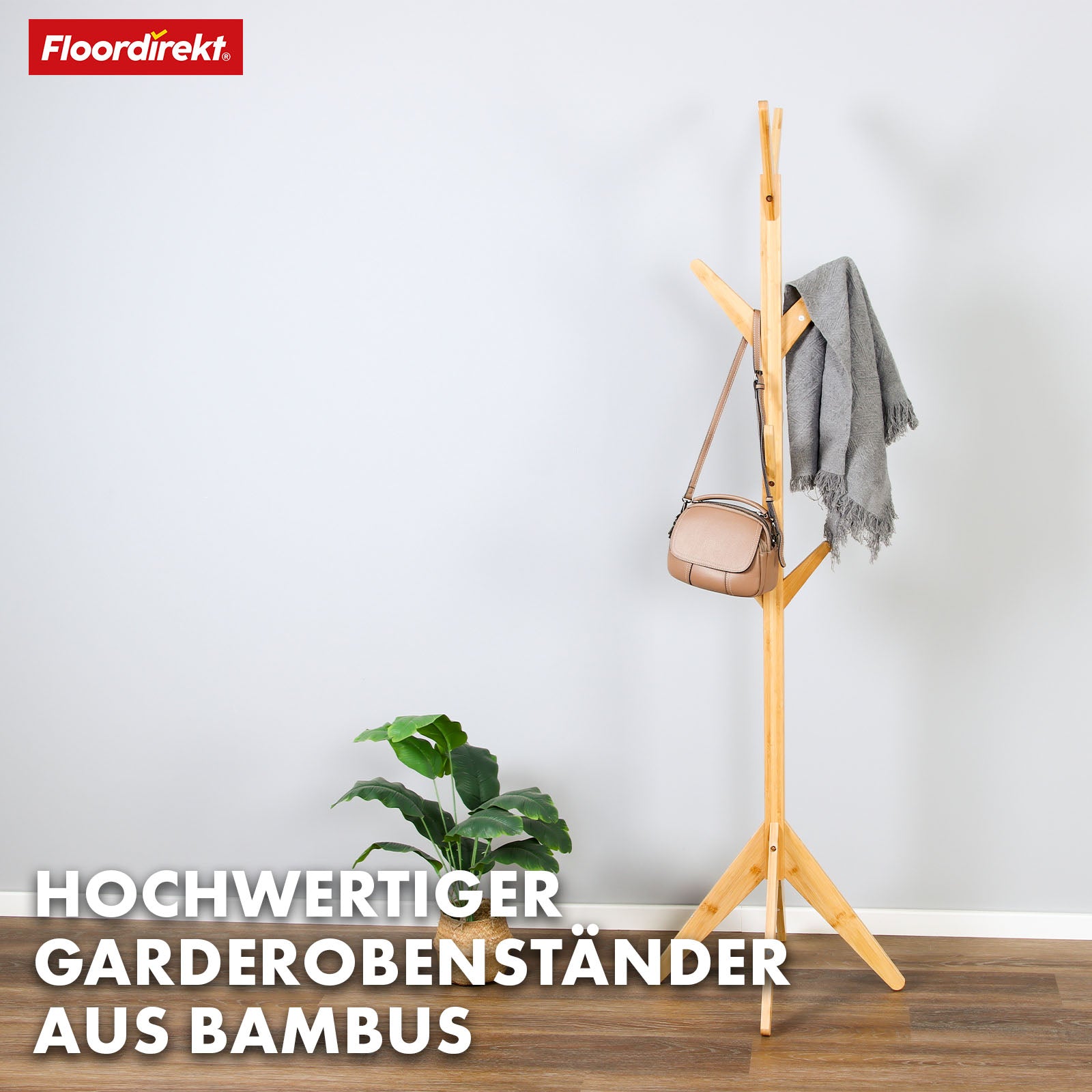 Bambus-Garderobenständer | Maryland | Elegantes und natürliches Design | 8 Haken für Jacken, Taschen und mehr