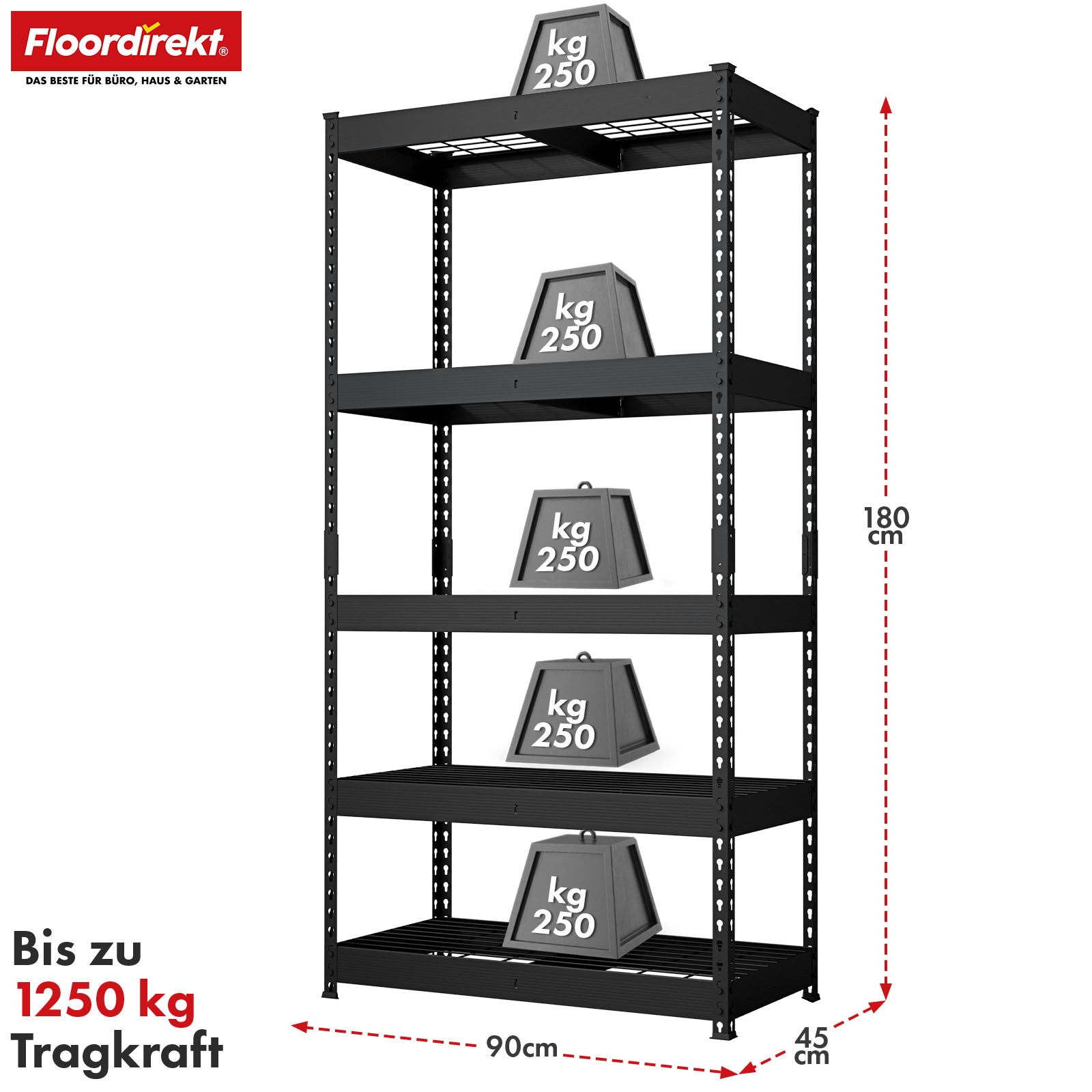 T1_Schwarz - 180 x 90 x 45 cm - 5 Etagen